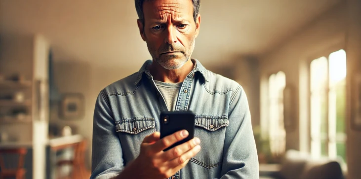 Un hombre frustrado mirando su teléfono.